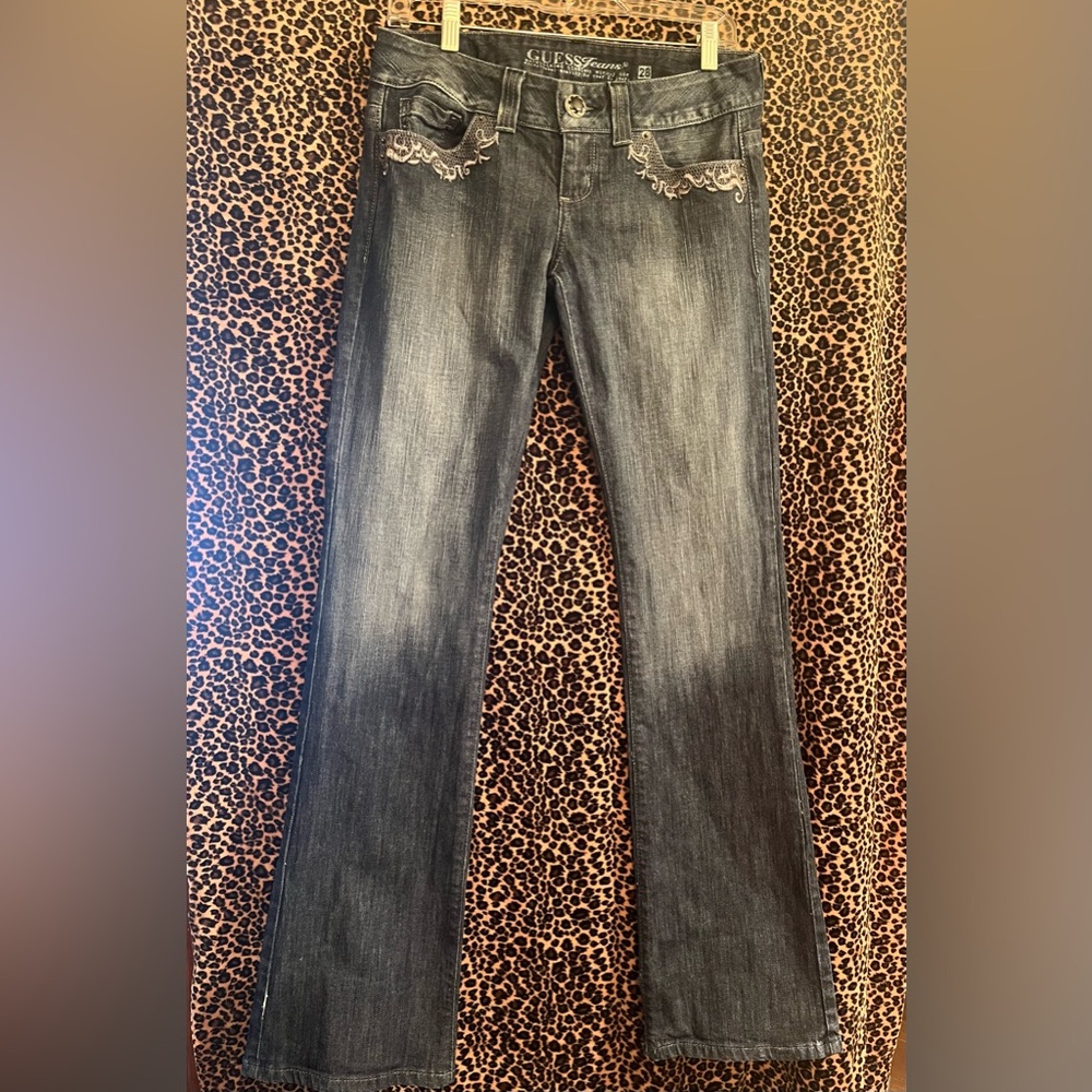Y2K LOW RISE  Guess DareDevil boot cut  Jeans sz 28 Gem button Lace trim 🦋